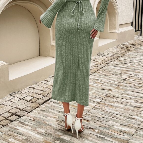 Devine Tied Round Neck Long Sleeve Midi Dress - Picture 9 of 9
